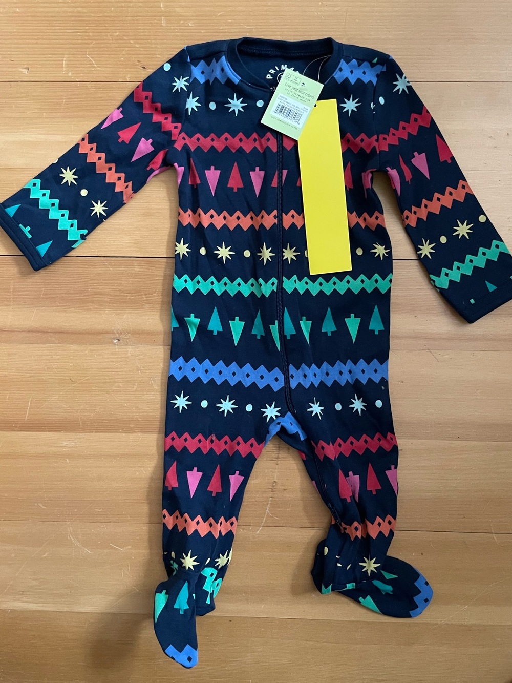 Holiday Pajamas- footed onesie Navy with Rainbow Pattern